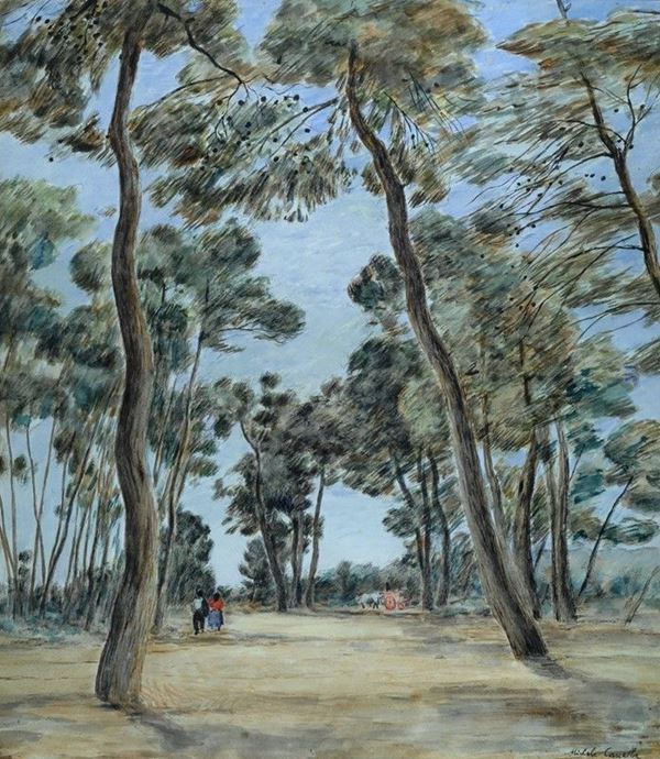 Michele Cascella : Pescara. La pineta  (1930)  - Acquerello e china su carta applicata su cartone - Auction Arte Moderna e Contemporanea - III - Galleria Pananti Casa d'Aste