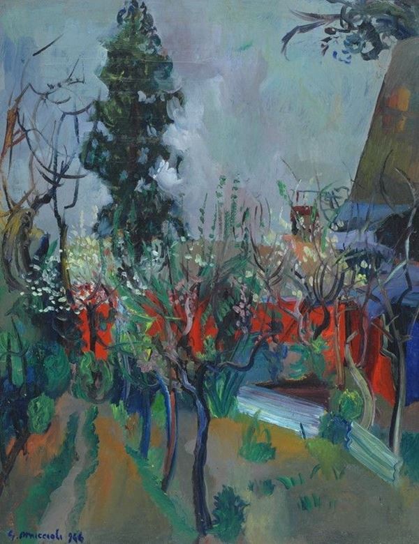 Giovanni Omiccioli : Casa rossa con mandorli  (1946)  - Olio su tela - Auction Arte Moderna e Contemporanea - III - Galleria Pananti Casa d'Aste