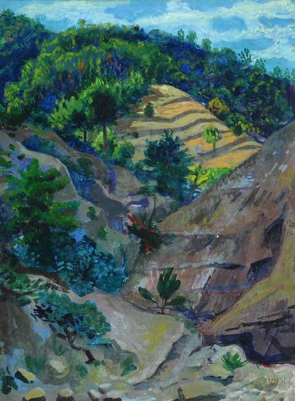 Gerardo Dottori : Paesaggio Umbro  (Anni '40)  - Olio su tavola - Asta Grafica ed Edizioni, Arte Moderna e Contemporanea - III - Galleria Pananti Casa d'Aste