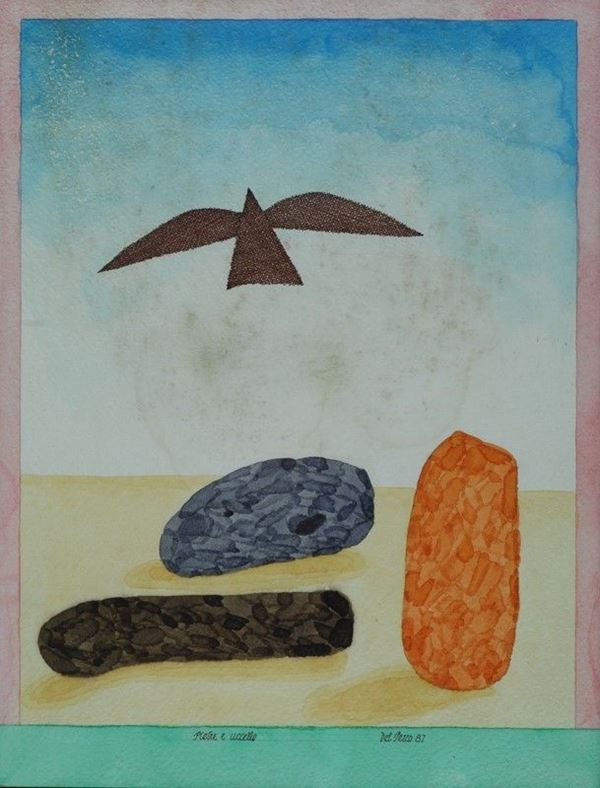 Lucio Del Pezzo : Pietre e uccello  (1987)  - Acquerello su carta - Asta Arte Moderna e Contemporanea - Galleria Pananti Casa d'Aste