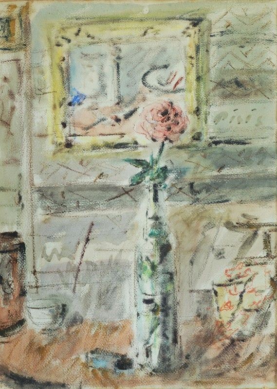 Filippo de Pisis : Rosa nella bottiglia  (1939)  - Tecnica mista su carta applicata su cartone - Auction Grafica ed Edizioni, Arte Moderna e Contemporanea - III - Galleria Pananti Casa d'Aste