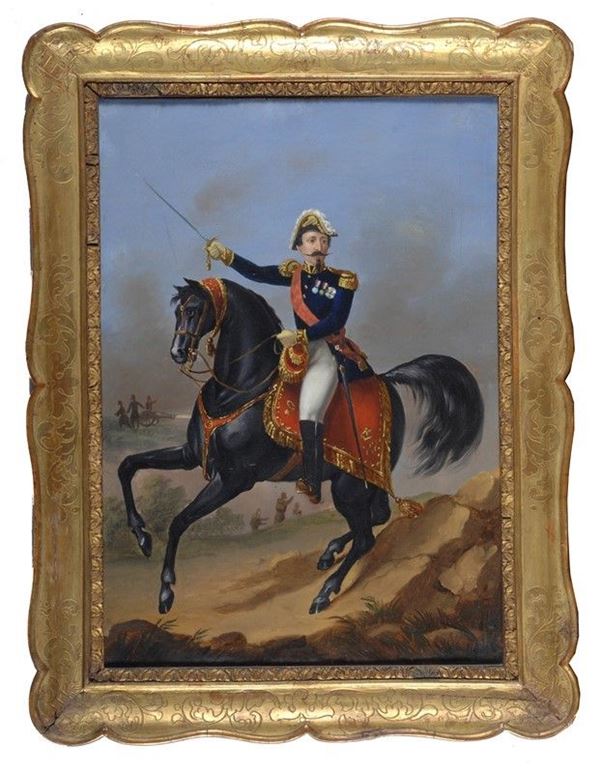 Anonimo, XIX sec. : Ritratto di Vittorio Emanuele II a cavallo  - Olio su tela - Asta Armi antiche e Militaria - Galleria Pananti Casa d'Aste
