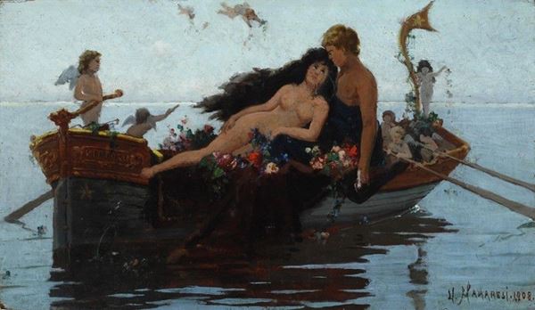 Ugo Manaresi : Allegoria dell'amore  (1908)  - Olio su tavola - Asta AUTORI DEL XIX E XX SEC - II - Galleria Pananti Casa d'Aste