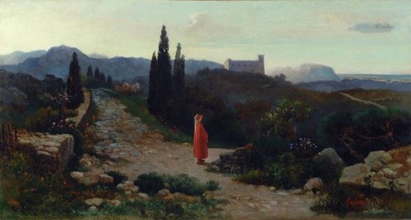 Lorenzo Gelati : Dante nel paesaggio  - Olio su tela - Asta AUTORI DEL XIX E XX SEC - II - Galleria Pananti Casa d'Aste