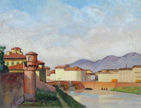 Ferruccio Pizzanelli : L'Arno alla fortezza  - Olio su legno - Asta AUTORI DEL XIX E XX SEC - II - Galleria Pananti Casa d'Aste