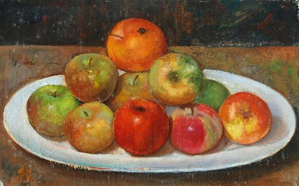 Agostino Giovannini : Natura morta con mele  - Olio su tavola - Asta AUTORI DEL XIX E XX SEC - II - Galleria Pananti Casa d'Aste