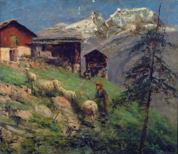 Anonimo, XIX sec. - Paesaggio montano con pastorella e gregge