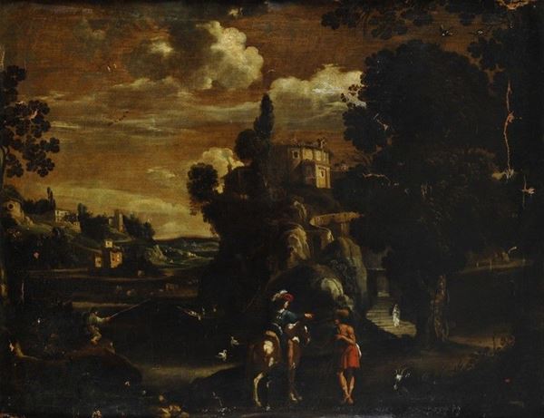 Scuola Italia Centrale, XVII sec. : Paesaggio con cavaliere  - Olio su tela - Asta Antiquariato - I - Galleria Pananti Casa d'Aste