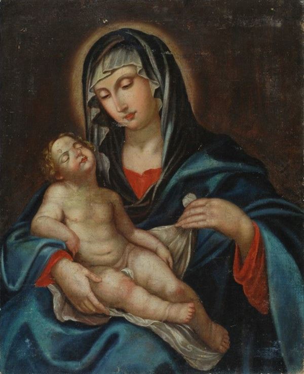 Scuola Emiliana, XVII sec. : Madonna con Bambino  - Olio su tela - Asta Antiquariato - I - Galleria Pananti Casa d'Aste
