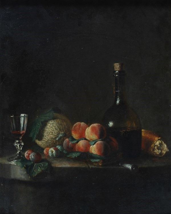 Thomas Germain Joseph  Duvivier - Natura morta con bottiglia e frutta