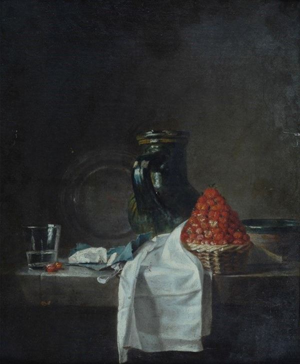 Thomas Germain Joseph  Duvivier - Natura morta con cesto di fragole, formaggio, brocca e bicchiere