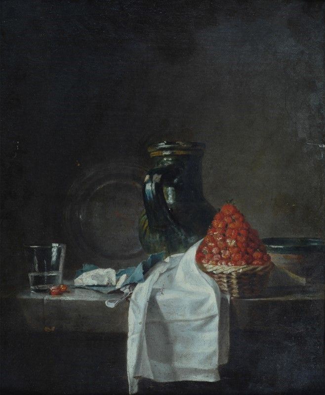 Thomas Germain Joseph Duvivier - Natura Morta con Cesto di Fragole, Formaggio, Brocca e Bicchiere