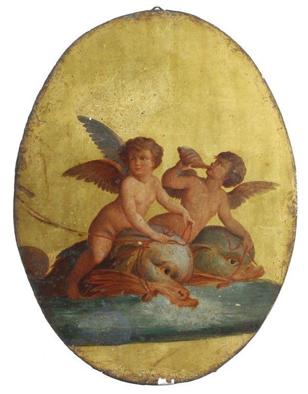 C. L. Romoli : Amorini su delfini  - Tempera e fondo oro su tavola - Asta Antiquariato - I - Galleria Pananti Casa d'Aste