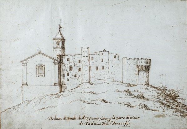 Giovanni Santini : Veduta del Castello di Rosignano  (1699)  - Inchiostro su carta - Asta Antiquariato - I - Galleria Pananti Casa d'Aste