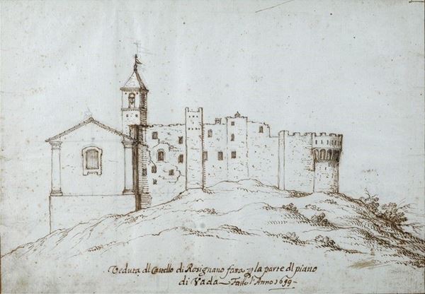 Giovanni Santini : Veduta del Castello di Rosignano  (1699)  - Inchiostro su carta - Asta Antiquariato - I - Galleria Pananti Casa d'Aste