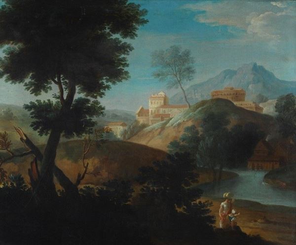 Scuola Romana, inizi XVIII sec. : Paesaggio  - Olio su tela - Asta Antiquariato - I - Galleria Pananti Casa d'Aste