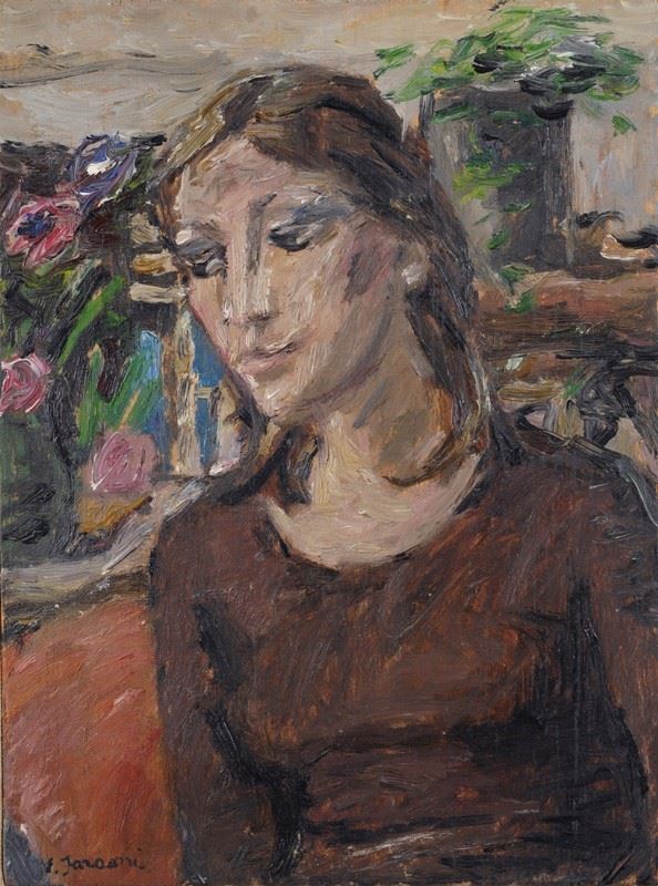 Enzo Faraoni - Ritratto di donna con fiori sullo sfondo