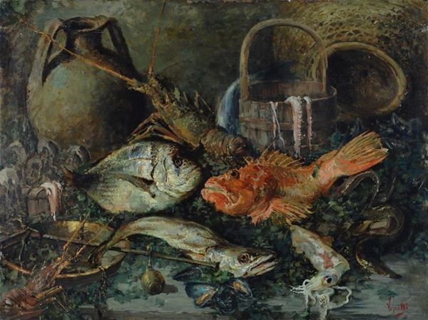 Vincenzo Irolli : Natura morta con pesci  - Olio su tela - Asta AUTORI DEL XIX E XX SEC - II - Galleria Pananti Casa d'Aste