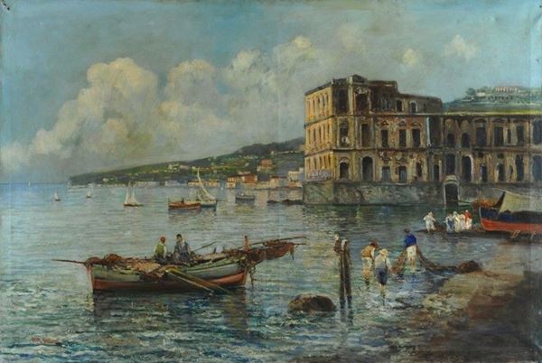 Fausto Pratella : Pescatori nel Golfo di Napoli  - Olio su tela - Auction AUTORI DEL XIX E XX SEC - II - Galleria Pananti Casa d'Aste