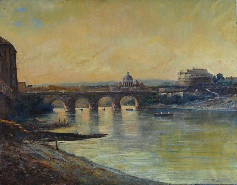 Enrique Serra Auqué - Lungo Tevere con San Pietro e Castel Sant'angelo