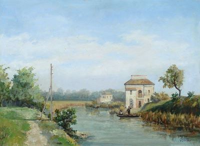 Paesaggio Fluviale con Figure e Case