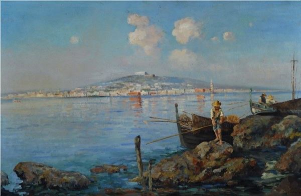 Luigi Scorrano : Paesaggio costiero con pescatori  - Olio su tela - Asta AUTORI DEL XIX E XX SEC - II - Galleria Pananti Casa d'Aste