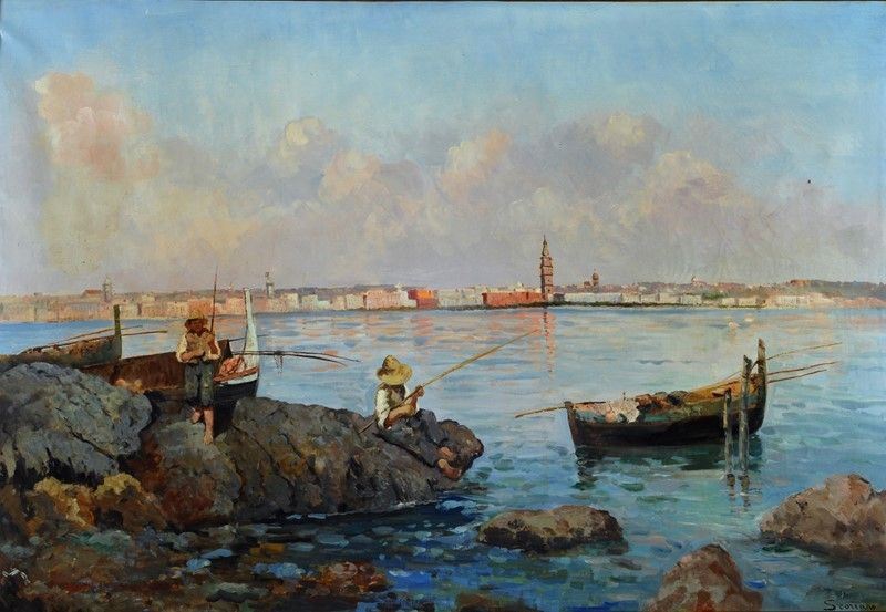 Luigi Scorrano - Paesaggio Costiero con Pescatori