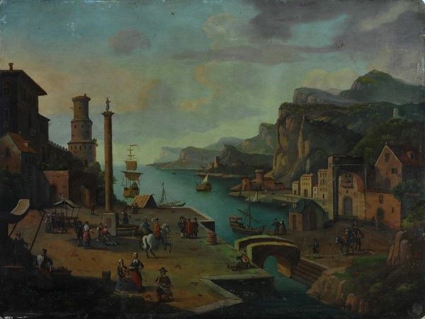 Scuola Italia Meridionale, fine XVIII sec. - Scena di vita di paese costiero