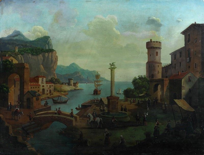 Scuola Italia Meridionale, Fine XVIII Sec. - Scene di Vita di Paese Costiero