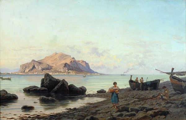 Ettore De Maria Bergler - Pescatori sulla spiaggia con veduta del monte Pellegrino