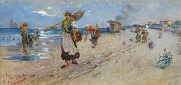 Giuseppe Vizzotto Alberti - Pescatrici sulla spiaggia