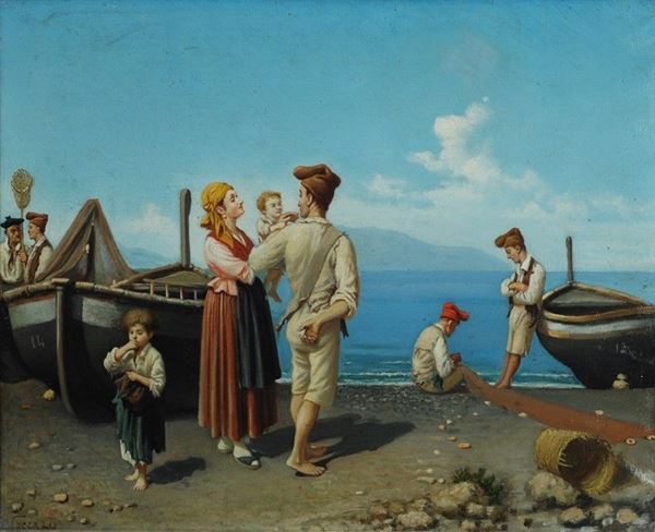 Vincenzo Vaccaro : Famiglia di pescatori  - Olio su tela - Asta AUTORI DEL XIX E XX SEC - II - Galleria Pananti Casa d'Aste
