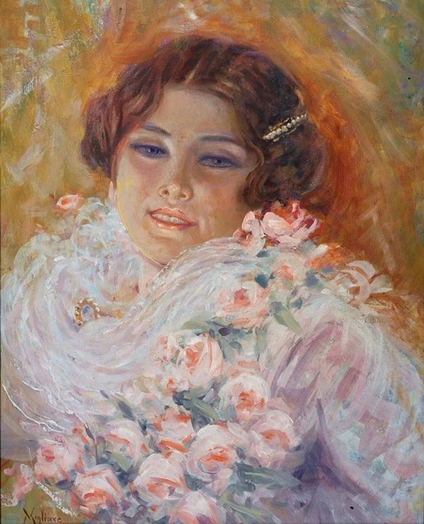 Vincenzo Migliaro : Donna con rose  - Olio su tela - Auction AUTORI DEL XIX E XX SEC - II - Galleria Pananti Casa d'Aste
