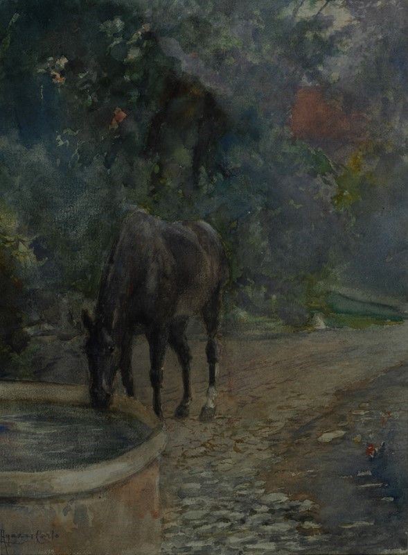 Carlo Paolo Agazzi : Cavallo all'abbeveraggio  - Acquerello su carta riportata su cartone - Asta AUTORI DEL XIX E XX SEC - II - Galleria Pananti Casa d'Aste