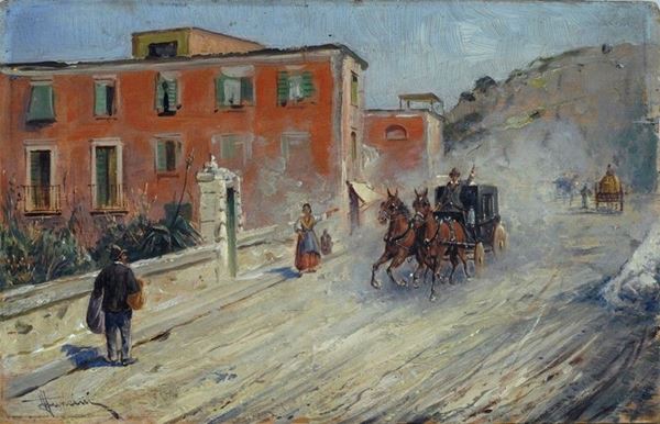 Francesco Giovanni Mancini (Lord) : Il passaggio della carrozza  - Olio su tavola - Auction AUTORI DEL XIX E XX SEC - II - Galleria Pananti Casa d'Aste