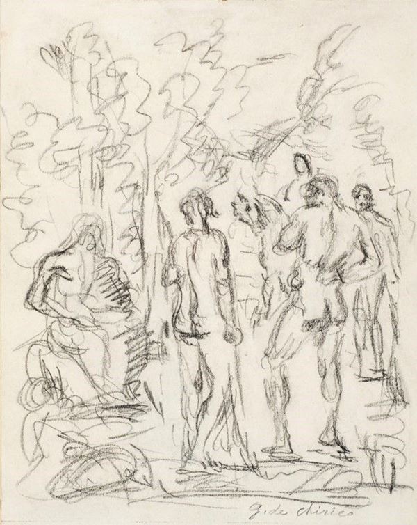 Giorgio de Chirico : Il ritorno del Cavaliere  (Inizio anni '60)  - Matita grassa su carta - Asta Grafica ed Edizioni, Arte Moderna e Contemporanea - III - Galleria Pananti Casa d'Aste