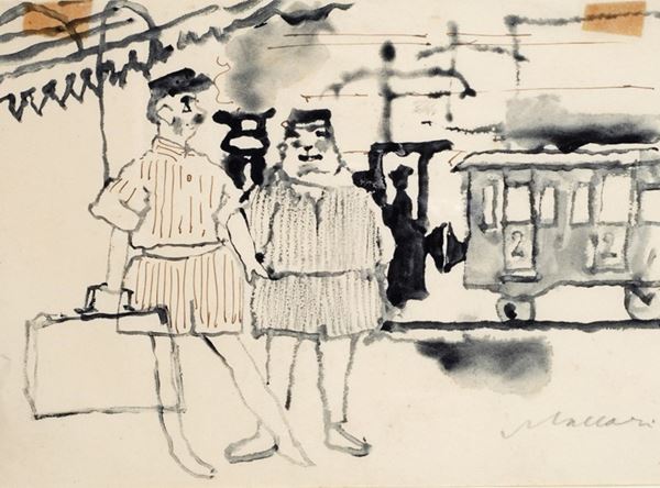 Mino Maccari : Alla stazione  - China e inchiostro acquerellato su carta - Asta AUTORI DEL XIX E XX SEC, ARTE MODERNA E CONTEMPORANEA - Galleria Pananti Casa d'Aste