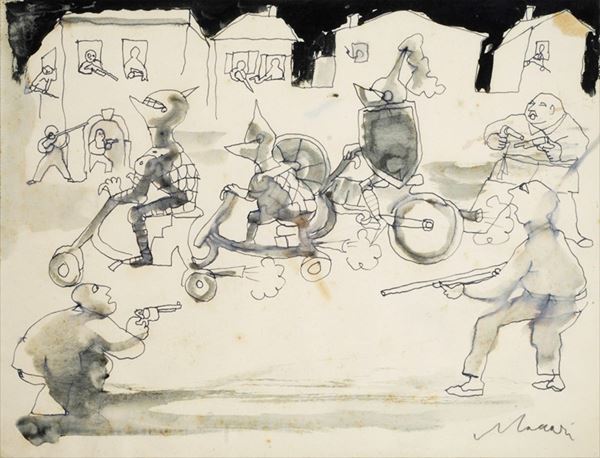 Mino Maccari - Riders on motorbikes