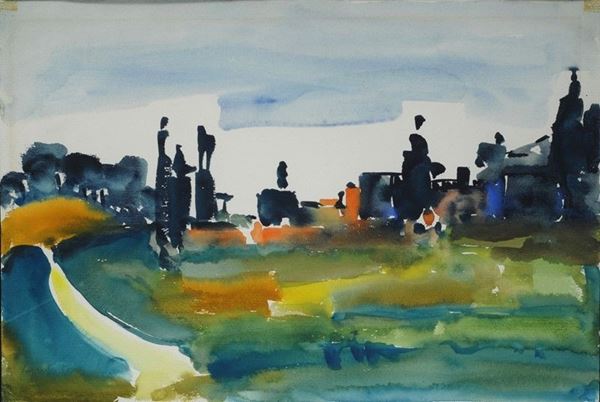 Domenico Cantatore : Paesaggio  (1954)  - Acquerello su carta - Auction Grafica ed Edizioni, Arte Moderna e Contemporanea - III - Galleria Pananti Casa d'Aste