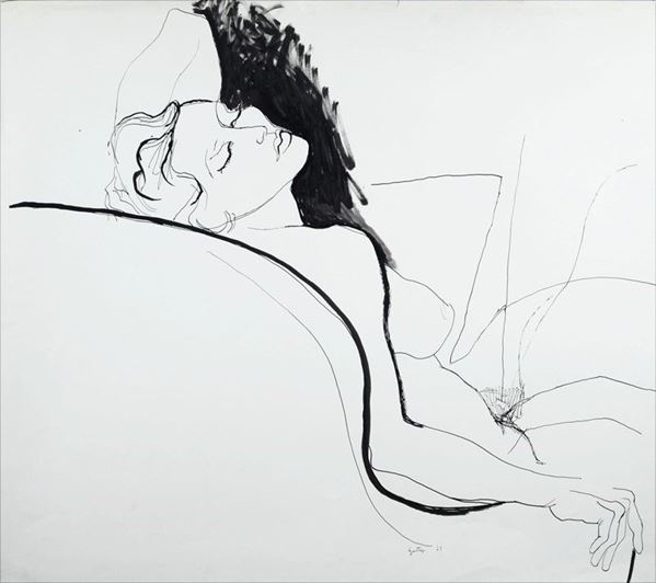 Renato Guttuso : Nudo seduto  (1963)  - Inchiostro su carta - Auction Grafica ed Edizioni, Arte Moderna e Contemporanea - III - Galleria Pananti Casa d'Aste