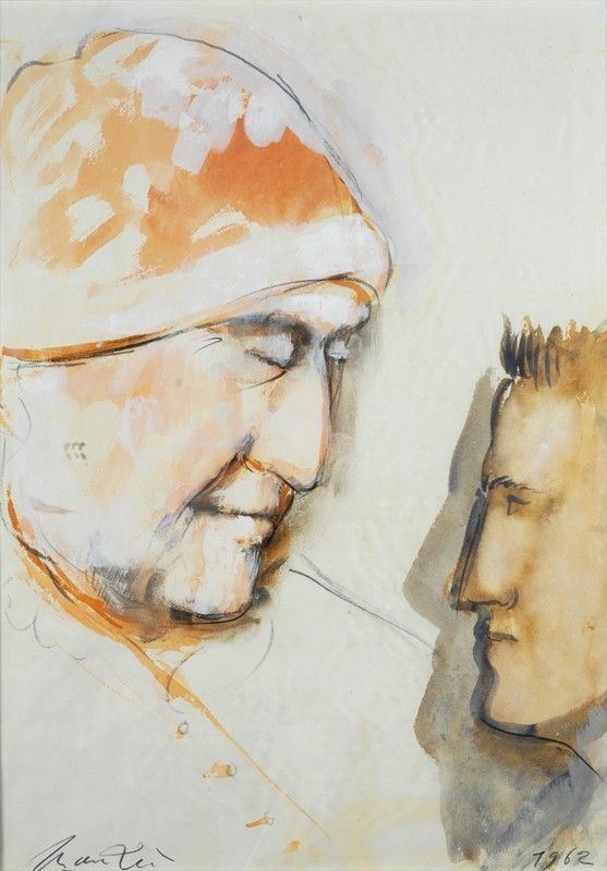 Giacomo Manz&#249; : Il dialogo  (1962)  - Acquerello, tempera e matita su carta - Asta Grafica ed Edizioni, Arte Moderna e Contemporanea - III - Galleria Pananti Casa d'Aste