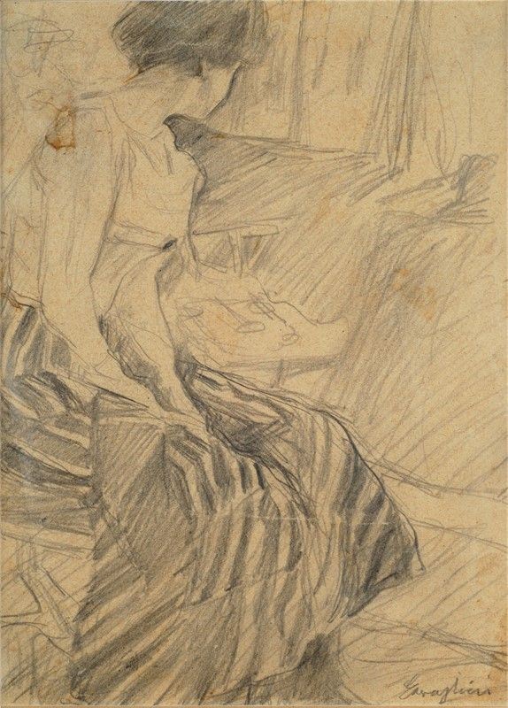 Mario Cavaglieri : Donna seduta  ((1912))  - Matita su carta - Asta Grafica ed Edizioni, Arte Moderna e Contemporanea - III - Galleria Pananti Casa d'Aste