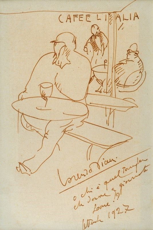 Lorenzo Viani : Figure al caffè  (1927)  - Inchiostro su carta riportato su tela - Asta Grafica ed Edizioni, Arte Moderna e Contemporanea - III - Galleria Pananti Casa d'Aste