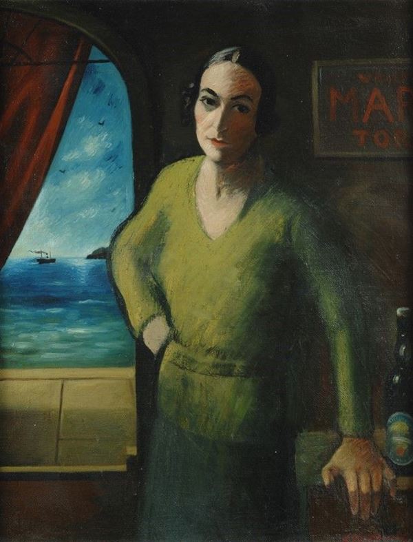 Gregorio Sciltian - Donna in osteria con paesaggio marittimo