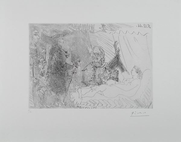 Pablo Picasso - Le cocu avec une femme nue et des voyageurs