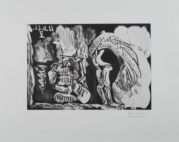 Pablo Picasso - Fumer de pipe et femme retroussant son jupon