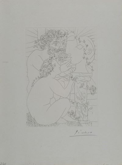 Sculpteur Avec Son Modele, Sa Sculpture Et un Bol D’anemones