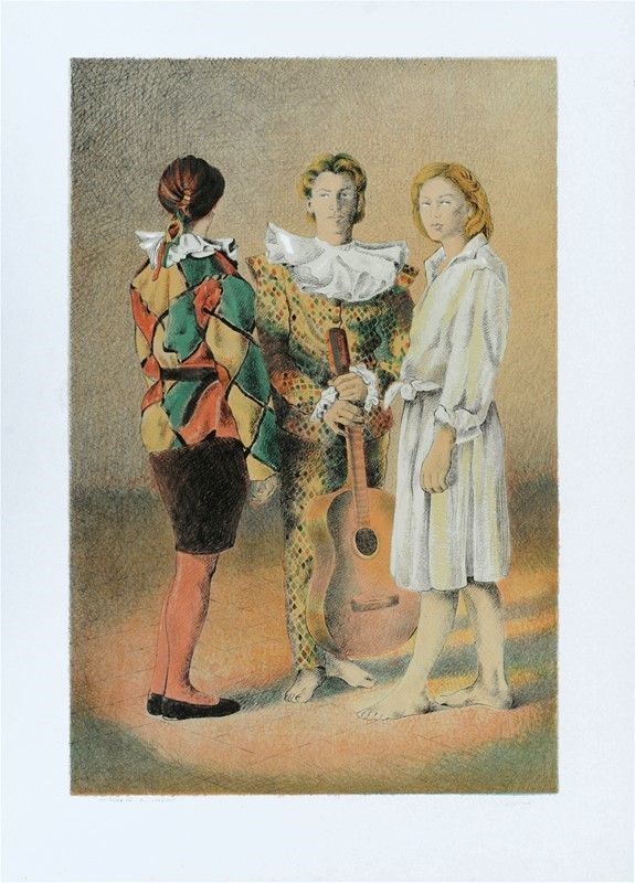 Sergio Nardoni : Arlecchino e due figure  - Litografia ritoccata a mano - Asta GRAFICA ED EDIZIONI - Galleria Pananti Casa d'Aste