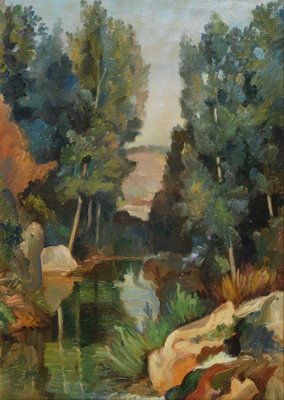 Aldo Marzi : Paesaggio con fiume  (1946)  - Olio su compensato - Asta AUTORI DEL XIX E XX SEC - II - Galleria Pananti Casa d'Aste