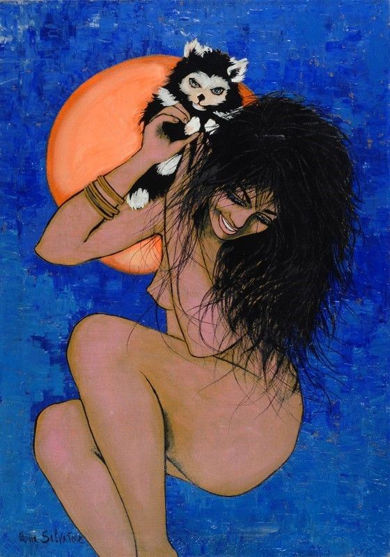 Anna Salvatore : Donna con gatto  - Olio su tela - Asta Arte Moderna e Contemporanea - Galleria Pananti Casa d'Aste